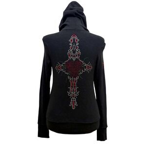 Vintage Y2K Bejeweled Susan Fixel Hooded Top One Size Swarovski Rhinestone Cross